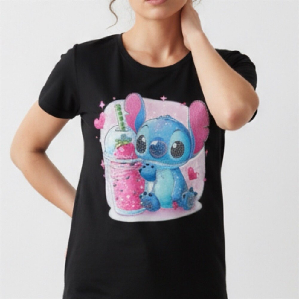 Rhinestone bling Stitch T-Shirt Womens Size L / XL Black Rhinestone Graphic Crew - Picture 5 of 6